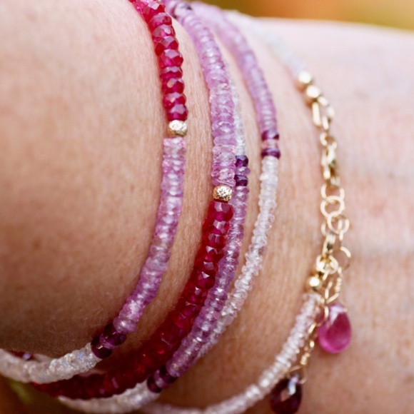 Rubellite Rhodolite Sapphire Necklace Bracelet, 14k Gold Gemstone Wrap 36.3"–37" - Picture 8 of 12